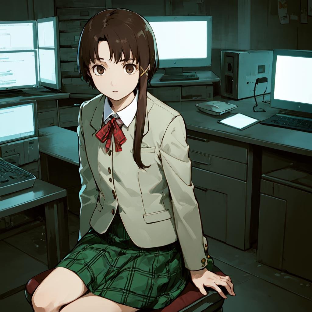 <lora:lain-v1r1:0.8> iwakura lain, brown eyes, (schlain:1.2), grey jacket, plaid skirt, green skirt, computer, monitor, eye reflection, glowing, sitting, masterpiece, best quality, highres, <lora:GoodHands-vanilla:1> nice hands, perfect hands