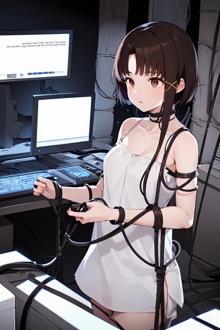 1girl, iwakura lain, brown eyes, camlain, <lora:lain-v1r1:0.9>, white camisole, indoors, dark room, (cable:1.4), pipe, crt monitor, computer, electrode on lips, expressionless, 