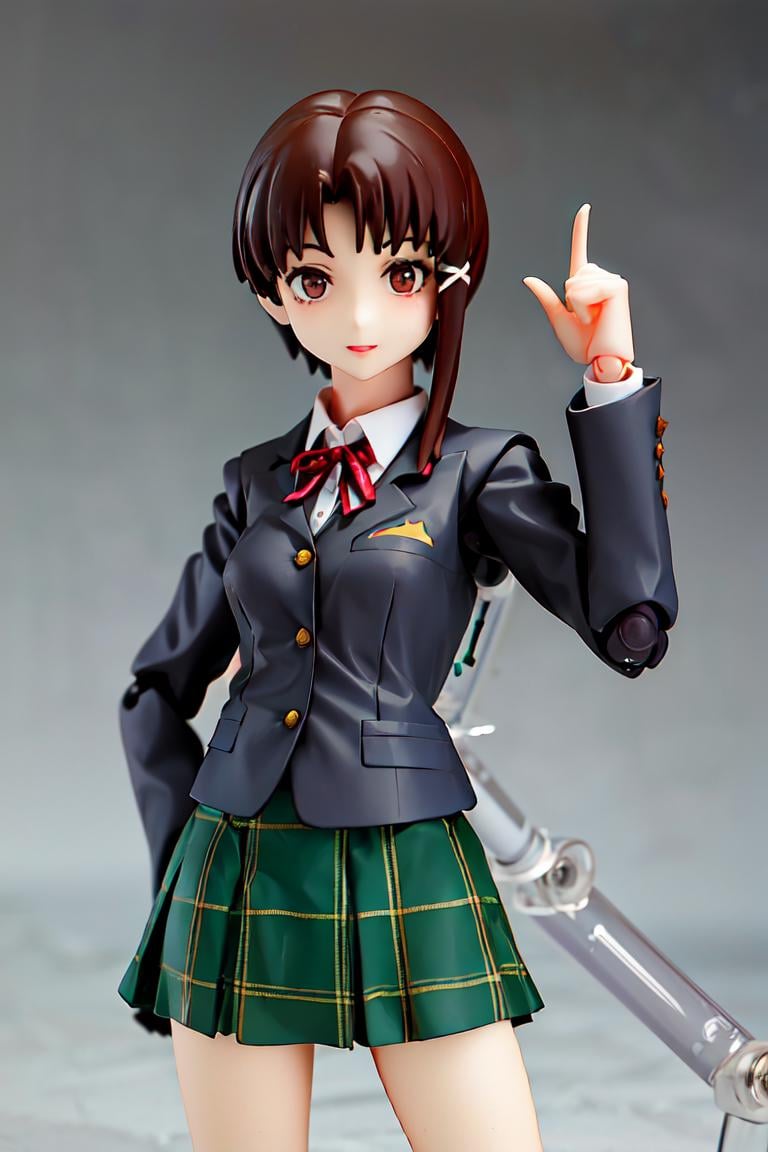 <lora:figma:1>  (masterpiece, best quality, absurdres, fisheye:1.2), photo of a highly detailed (figma) of iwakura lain, brown eyes, (schlain:1.2), grey jacket, plaid skirt, green skirt, 1girl, solo, [realistic], rendered in blender<lora:lain-v1r1:0.6> 