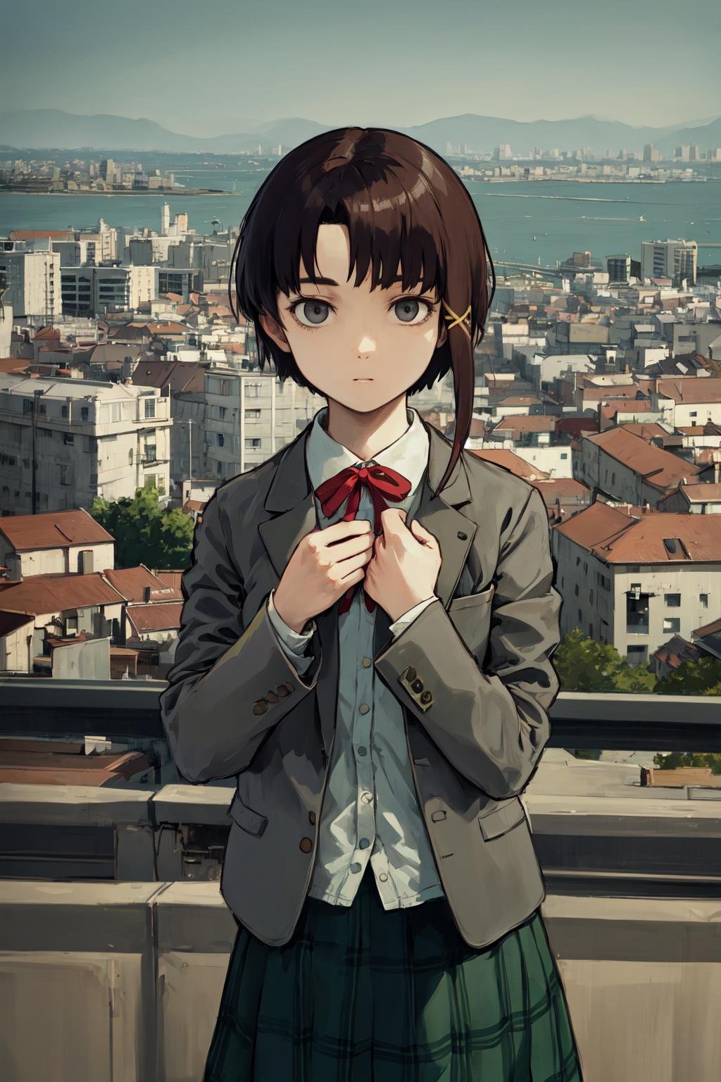 <lora:lain-v1r1:0.8> iwakura lain, brown eyes, (schlain:1.2), grey jacket, plaid skirt, green skirt, cityscape, masterpiece, best quality, highres, <lora:GoodHands-vanilla:1> nice hands, perfect hands