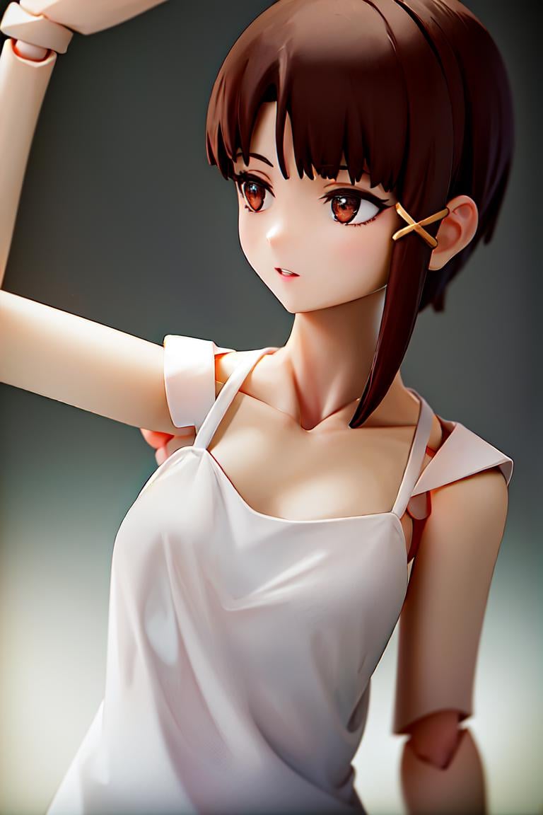 <lora:figma1:1>  (masterpiece, best quality, absurdres:1.2),photo of a highly detailed (figma) of iwakura lain, brown eyes, camlain, white camisole, upper body, 1girl, solo, [realistic], rendered in blender simple background<lora:lain-v1r1:0.8>