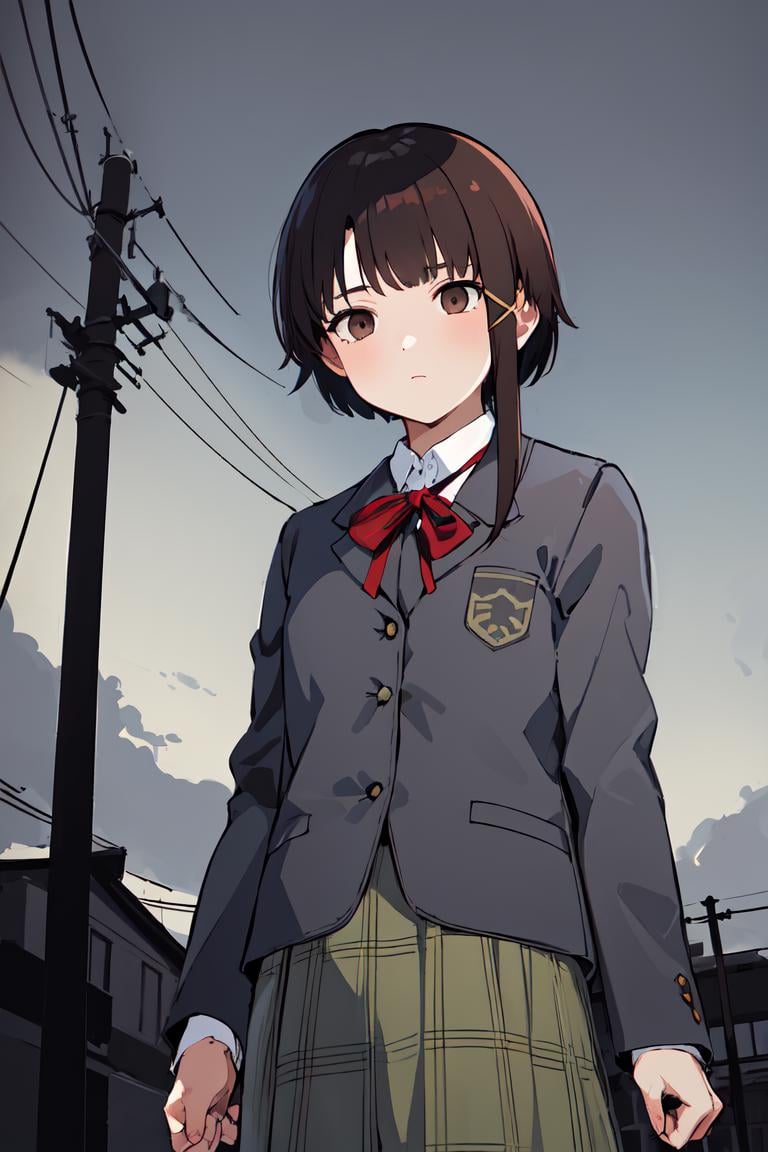 1girl, iwakura lain, cowboy shot, (schlain:1.1), <lora:lain-v1r1:0.9>, grey jacket, green skirt, plaid skirt,  brown eyes, red bow, expressionless, outdoors, (utility pole:1.5), closed jacket, cloudy sky, dark_sky, perspective,