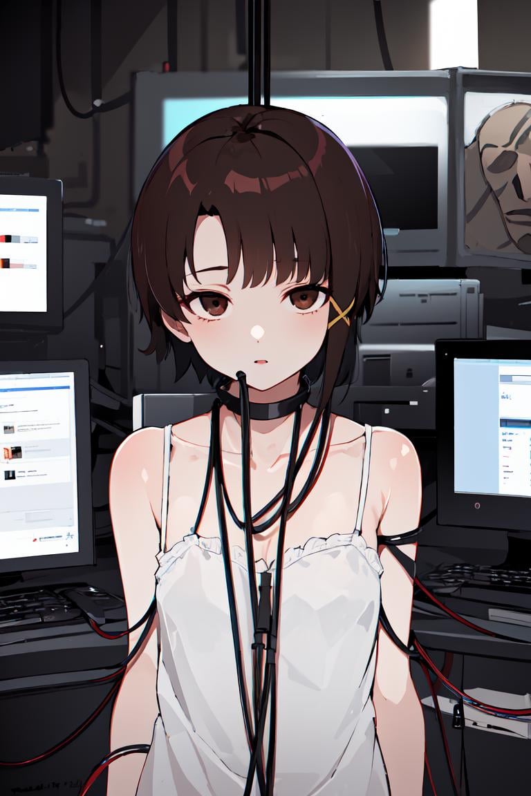 1girl, iwakura lain, brown eyes, camlain, <lora:lain-v1r1:1>, white camisole, indoors, dark room, (cable:1.2), pipe, computer, electrode on lips, upper body, blank eyes