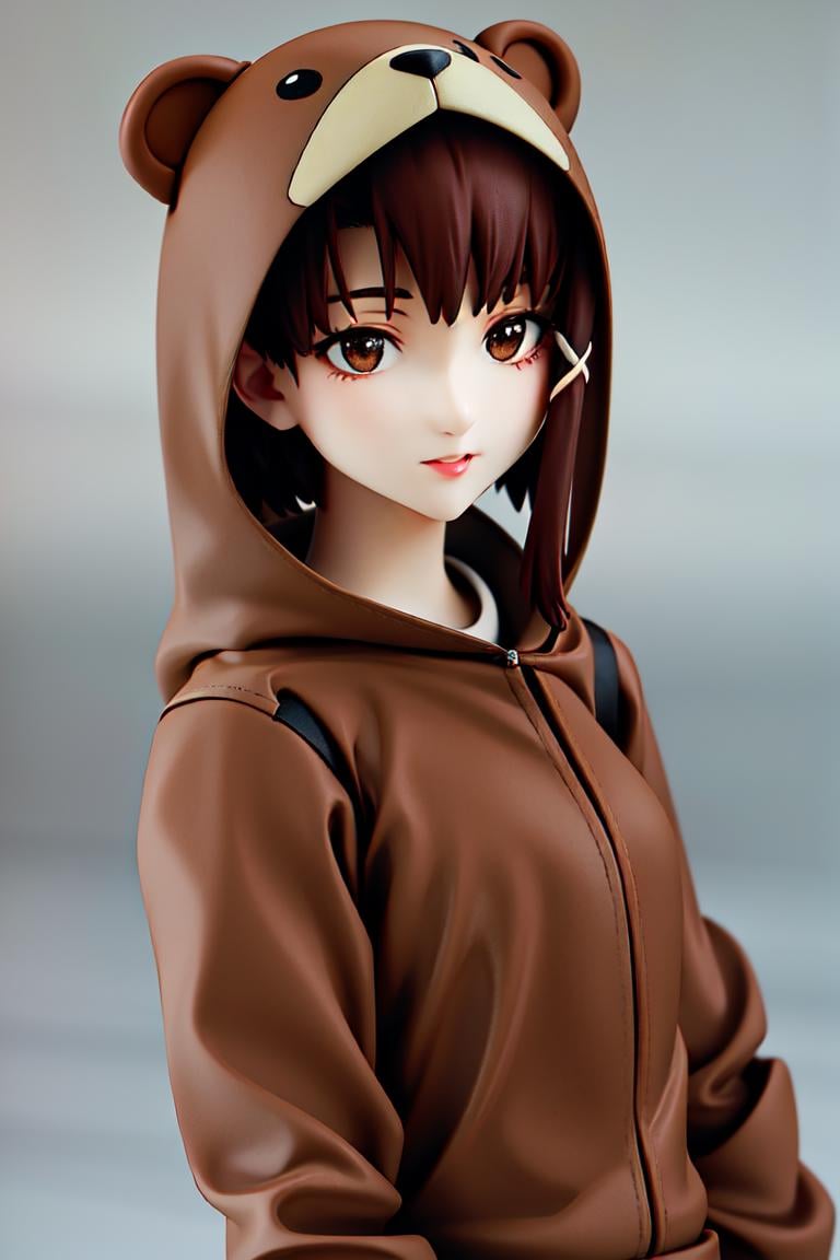 <lora:figma1:1>  (masterpiece, best quality, absurdres:1.2),photo of a highly detailed (figma) of iwakura lain, brown eyes, bealain, animal costume,  hood, upper body, 1girl, solo, [realistic], rendered in blender simple background<lora:lain-v1r1:0.9>