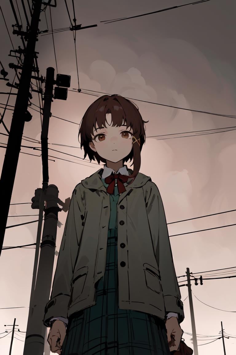 1girl, iwakura lain, cowboy shot, (schlain:1.5), <lora:lain-v1r1:0.8>, grey jacket, green skirt, plaid skirt,  brown eyes, red bow, expressionless, outdoors, (utility pole:1.5), closed jacket, cloudy sky, dark_sky, perspective,