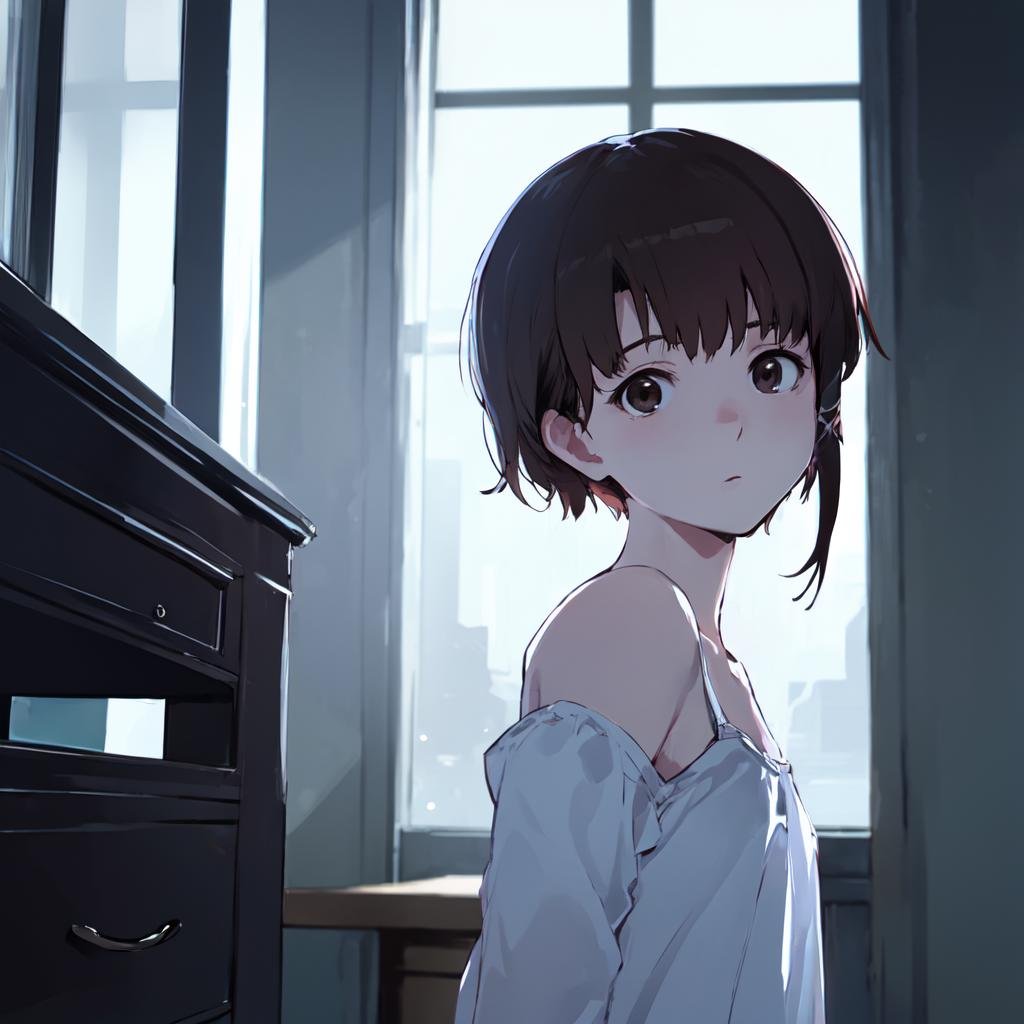 <lora:lain-v1r1:0.8> iwakura lain, scattered hair, indoors, arm support, glowing, backlighting, masterpiece, best quality, highres, <lora:GoodHands-vanilla:1> nice hands, perfect hands