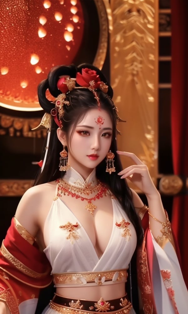 (,1girl, ,best quality, )<lora:DA-国风-隋唐遗风:0.7>,, ,masterpiece, fantasy, realistic,science fiction,mole, ultra realistic 8k cg, ,tamari \(flawless\),  medium breasts,red moon, black rose,     ((upper body,)), (),