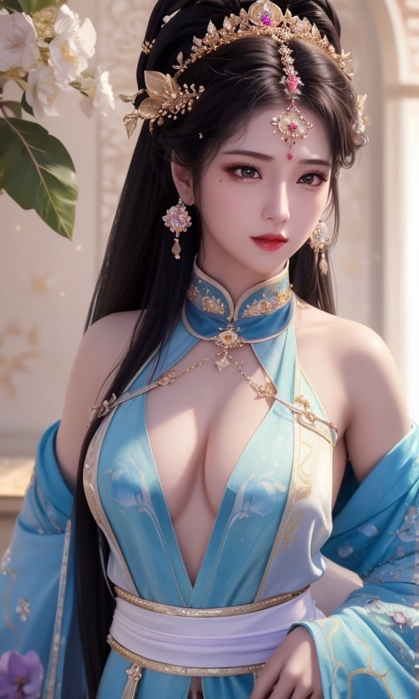 (,1girl, ,best quality, )<lora:DA-国风-隋唐遗风:0.6>,, ,masterpiece, fantasy, realistic,science fiction,mole, ultra realistic 8k cg, ,tamari \(flawless\),  medium breasts  ,jasmine \(flower\),  purple flower,       ((upper body,)), (),