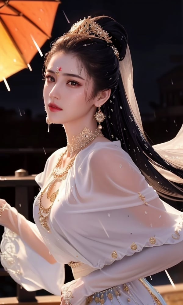 (,1girl, ,best quality, )<lora:DA-国风-隋唐遗风:0.7>,, ,ultra realistic 8k cg, flawless,  tamari \(flawless\), professional artwork, famous artwork, cinematic lighting, cinematic bloom, perfect face, beautiful face, fantasy, dreamlike, unreal, science fiction,  luxury, jewelry, diamond, pearl, gem, sapphire, ruby, emerald, intricate detail, delicate pattern, charming, alluring, seductive, erotic, enchanting, hair ornament, necklace, earrings, bracelet, armlet,halo,masterpiece, fantasy, realistic,science fiction,mole,  medium breasts,cherry blossoms,wet clothes,lace, lace trim,   lace-trimmed legwear,(((Best quality, masterpiece, ultra high res, (photorealistic:1.4), raw photo, 1girl, wet clothes, rain, sweat, ,wet, night, moon,  )))  ((upper body,)), (),