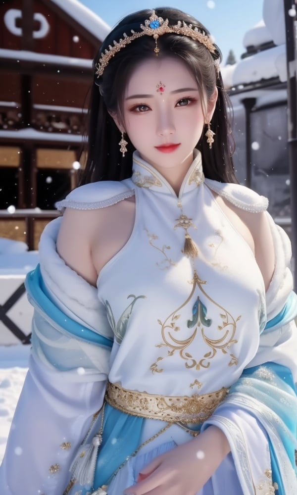 (,1girl, ,best quality, )<lora:DA-国风-隋唐遗风:0.7>,, ,masterpiece, fantasy, realistic,science fiction,mole, ultra realistic 8k cg, ,tamari \(flawless\),  medium breasts  ,outdoors,  ((upper body,)), (), ,, snow, snowing,ice wings:1.5,