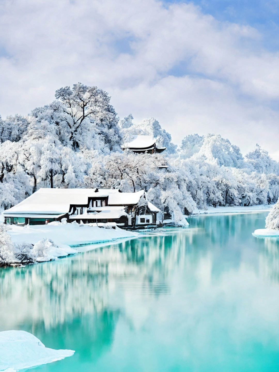 Beautiful scenery, north, scenery, endless plain, ancient architecture, lake frozen for thousands of miles, snowflakes falling for thousands of miles, perfect lighting, drawing, beauty and aesthetics, chinese painting, landscape, Octane Render, (masterpiece, quality, detailed, quality,), tradition Chinese Painting, landscape, The ultra wide-angle lens, magnificent and breathtaking scene,epicmasterpiece