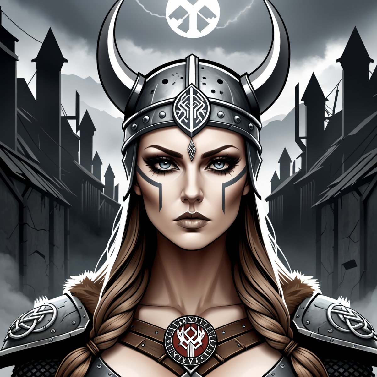 Dystopian style viking woman after battle, 2d vector illustration, emblem logo, 2d flat, centered, illustrator, symetrical, victory, 2D team logo, company logo design . Bleak, post-apocalyptic, somber, dramatic, highly detailed