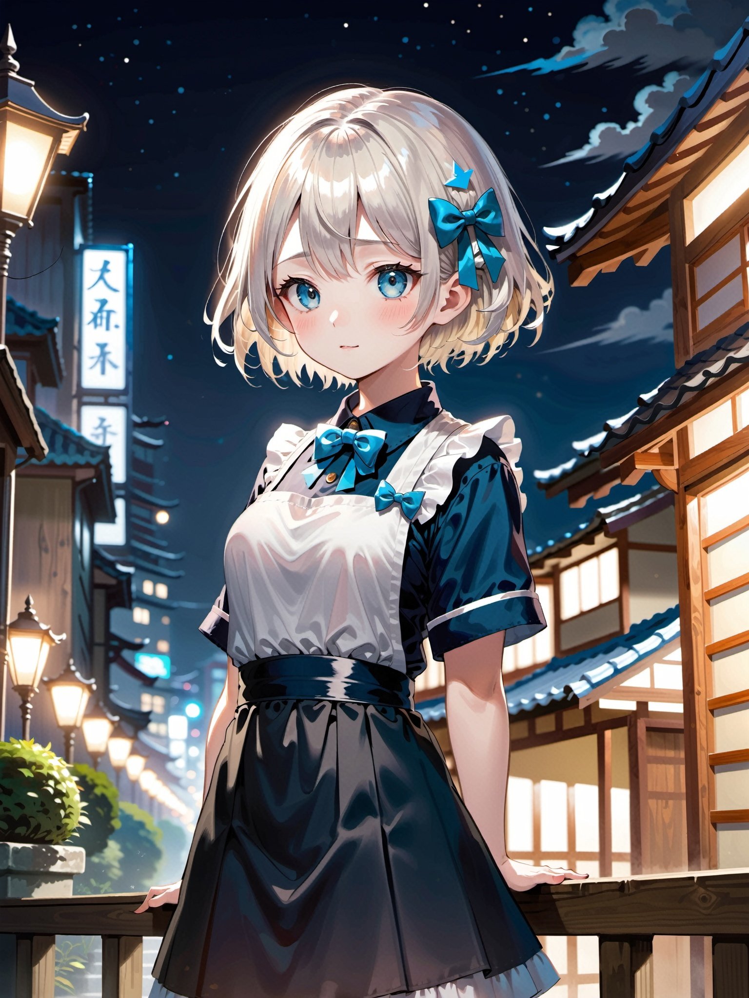 1girl, platinum hair, short hair, messy hair, bow-shaped hair,  bangs,  beautiful shirt short-sleeved shirt waist apron ,  japanese highland nighttime,  wide shot