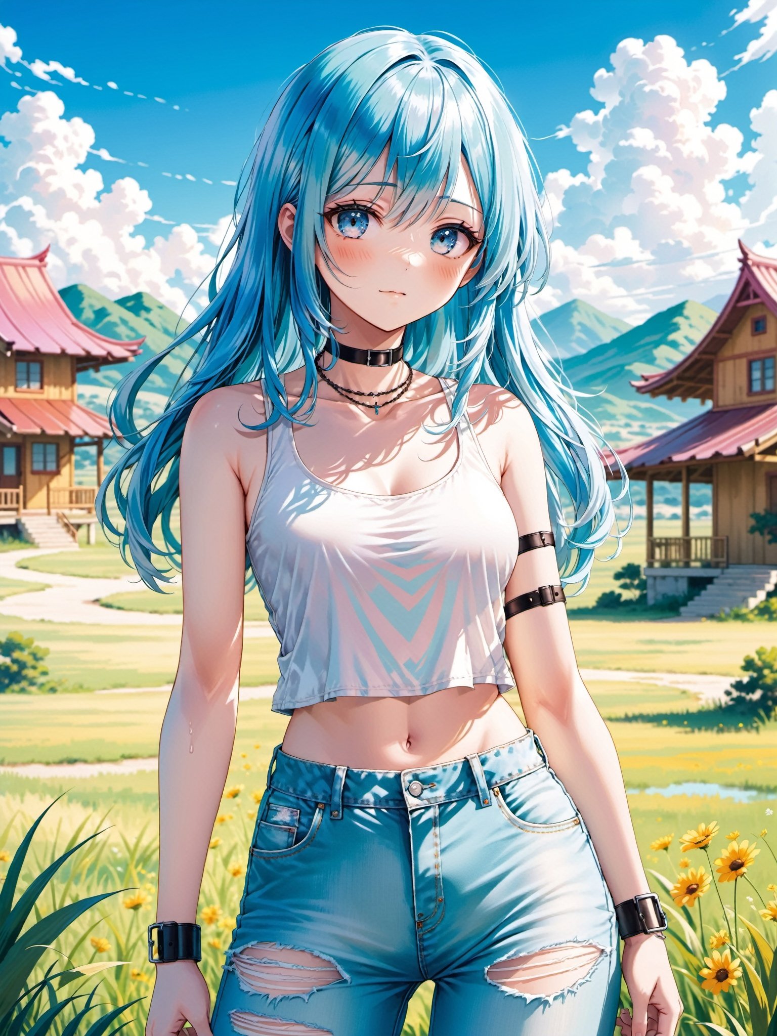 girl as the central focus. She should have long, light blue hair and wear a tank top and cropped pants. Additionally, she should be wearing a choker as an accessory. The background should complement the character's beauty and style, perhaps with a serene and dreamy landscape, soft pastel colors, and subtle lighting to enhance the overall aesthetic."