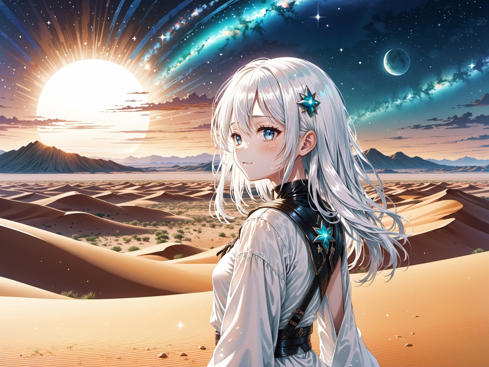 Wide drawing of a girl with pearly white hair, gazing forward, amidst a scene of a vast desert with oases that sparkle under the stars.