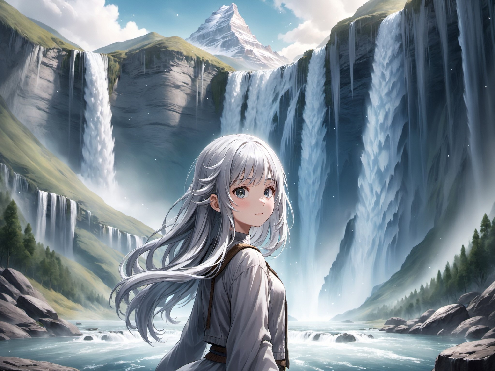 Wide render of a girl with shimmering silver hair facing the viewer, in a world where waterfalls flow from the sky and mountains levitate.