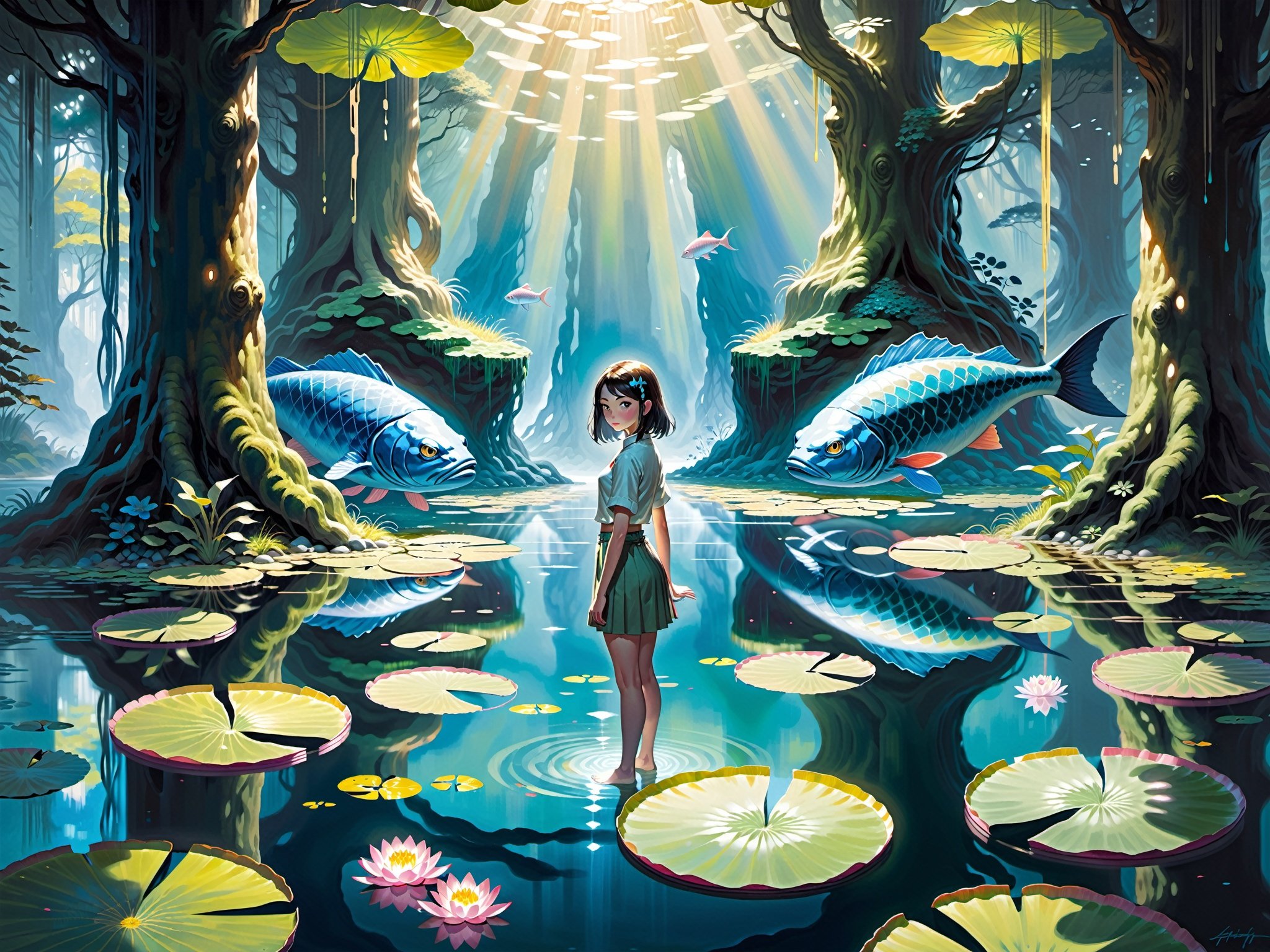 Wide oil painting of a  girl looking directly at the viewer, amidst a setting where gigantic water lilies float on a mystical lake with glowing fish.