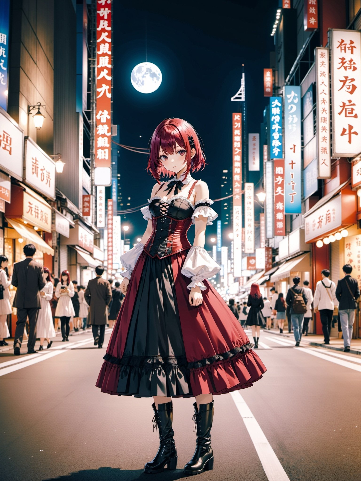 1girl, maroon hair, medium hair,  hime cut hair, swept bangs bangs,   victorian era dress corset boots,  japanese Shinjuku city midnight,  character focus