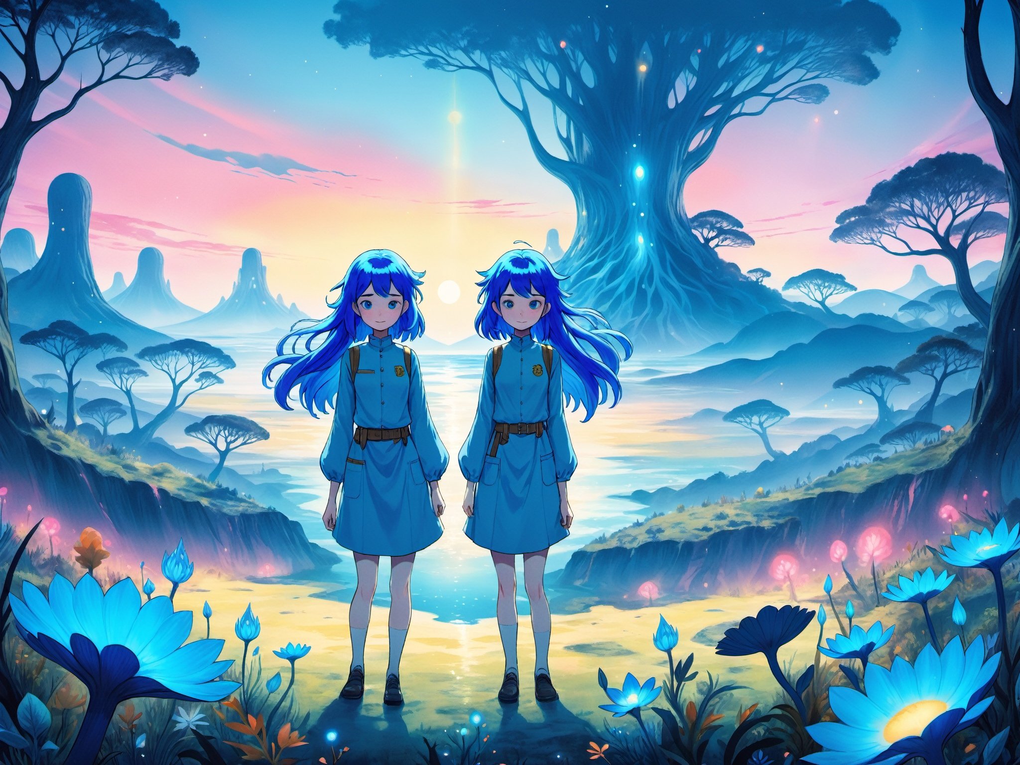 Wide illustration of two blue-haired girls facing the viewer, standing amidst a surreal landscape with glowing flora and fauna.