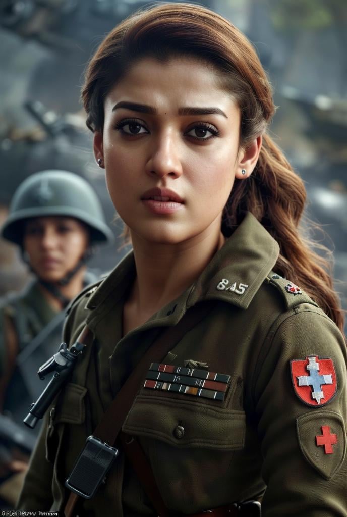 cinematic upper body up to waist portrait of Nayanthara as a (world war 2 combat medic), 135mm IMAX, UHD, f10, dslr photo, photorealistic art by midjourney and greg rutkowski, 8k, <lora:detail_slider_v4:3> , <lora:Nayan-000002:0.8>