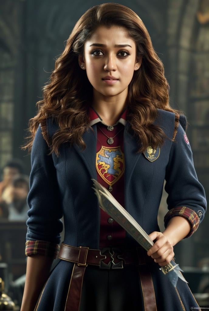 cinematic upper body up to waist portrait of Nayanthara as a (hogwarts student), 135mm IMAX, UHD, f10, dslr photo, photorealistic art by midjourney and greg rutkowski, 8k, <lora:detail_slider_v4:3> , <lora:Nayan-000002:0.8>