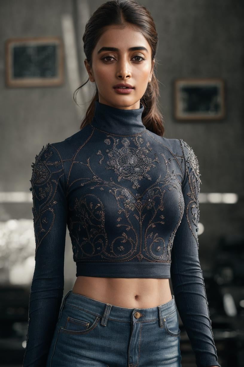 Pooja Hegde, turtleneck, jeans, photography, trending on artstation, sharp focus, studio photo, intricate details, highly detailed, by greg rutkowski <lora:Hegde-000005:0.75>