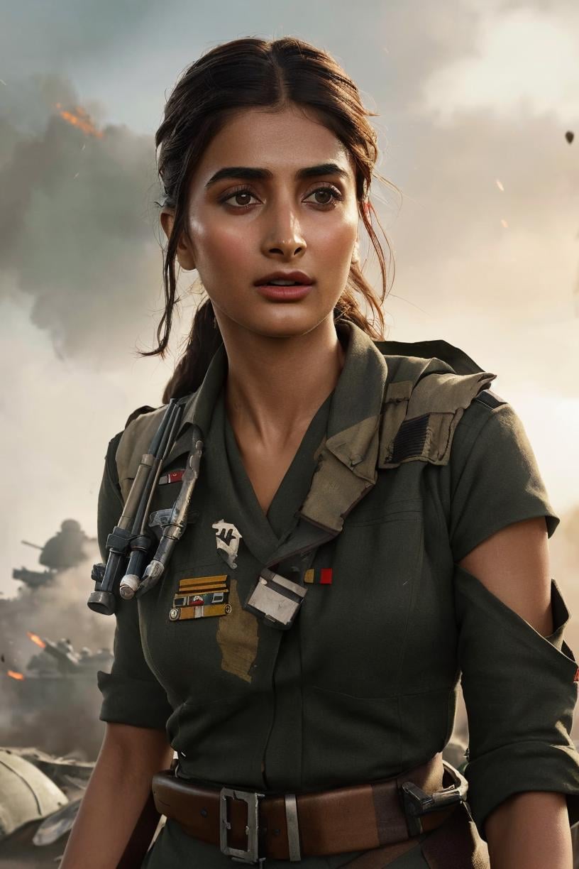 A cinematic upper body up to waist photo of Pooja Hegde as a ((world war 2 combat medic)),  photorealistic art by midjourney and greg rutkowski,  <lora:Hegde-000005:0.85> 