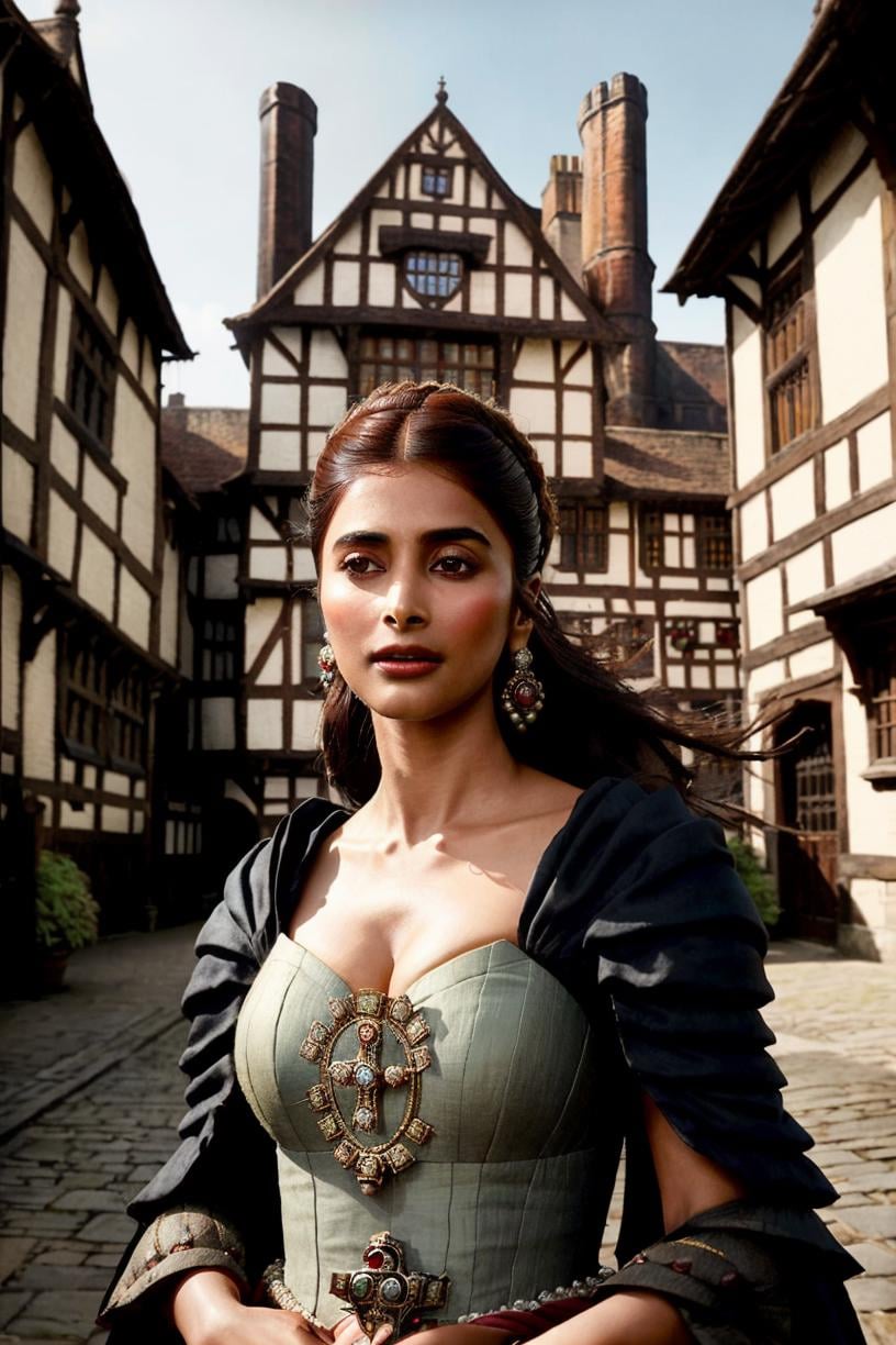 A cinematic upper body up to waist photo of Pooja Hegde as a ((tudor era lady)), streets of tudor era london, photorealistic art by midjourney and greg rutkowski,  <lora:Hegde-000005:0.85> 