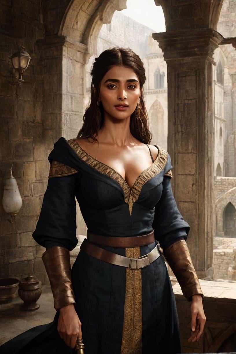 A cinematic upper body up to waist photo of Pooja Hegde as medieval European doctor,  photorealistic art by midjourney and greg rutkowski,  <lora:Hegde-000005:0.85> 