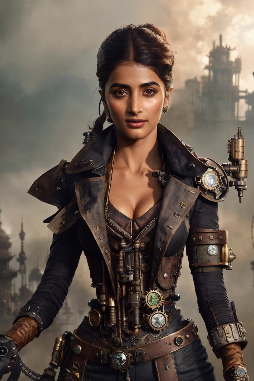 A cinematic upper body up to waist photo of Pooja Hegde as a ((steampunk girl)), photorealistic art by midjourney and greg rutkowski,  <lora:Hegde-000005:0.85> 