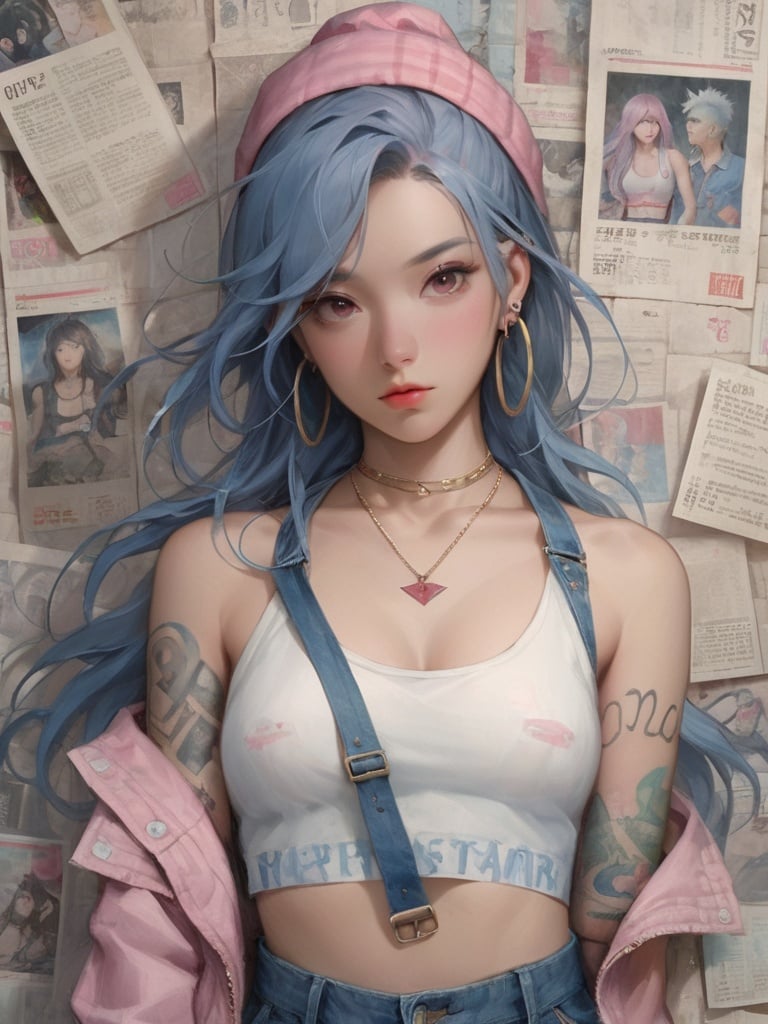 background, 1girl, jewelry, earrings, long hair, solo, looking at viewer, tattoo, breasts, denim, jacket, necklace, red eyes, pants, pink headwear, bare shoulders, closed mouth, paper, blue hair, crop top, upper body, collarbone, jeans, shirt, lips, tank top, off shoulder, pink jacket, medium breasts, belt, arm tattoo, midriff, white shirt, bangs, hoop earrings