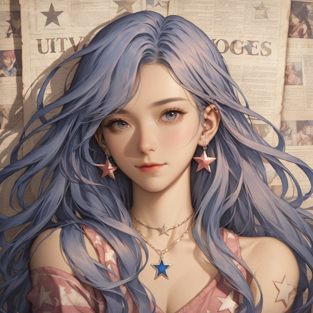 background, jewelry, 1girl, earrings, long hair, solo, blue hair, star \(symbol\), looking at viewer, upper body, star earrings, 