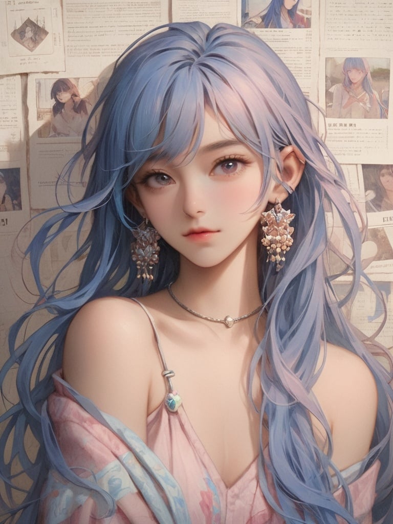 background, 1girl, solo, jewelry, earrings, long hair, blue hair, upper body, bare shoulders, hair between eyes, looking at viewer, bangs, lips, closed mouth, 