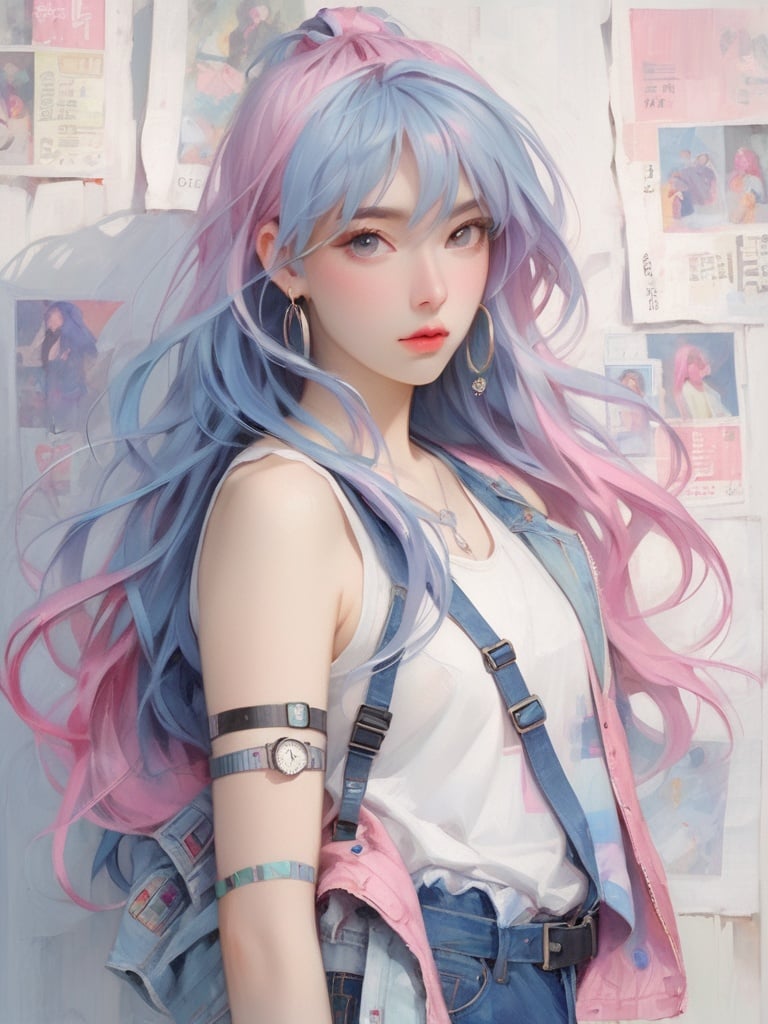 background, 1girl, long hair, solo, looking at viewer, blue hair, denim, clothes around waist, multicolored hair, blue eyes, watch, pink hair, lips, jeans, shirt, jacket, from side, jacket around waist, wristwatch, pants, breasts, upper body, sleeveless, tank top, bangs, closed mouth, jewelry, gradient hair, hand on own arm, white shirt, holding own arm, sleeveless shirt, earrings