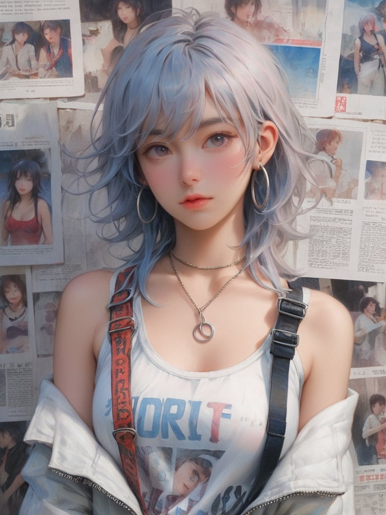 background, jewelry, 1girl, necklace, jacket, looking at viewer, earrings, solo, tank top, off shoulder, upper body, o-ring, breasts, medium hair, bangs, bare shoulders, collarbone, blue hair, white tank top, lips, closed mouth, photo \(object\), shirt, open jacket, long hair, head tilt, black jacket, open clothes, grey eyes, poster \(object\), white shirt, medium breasts