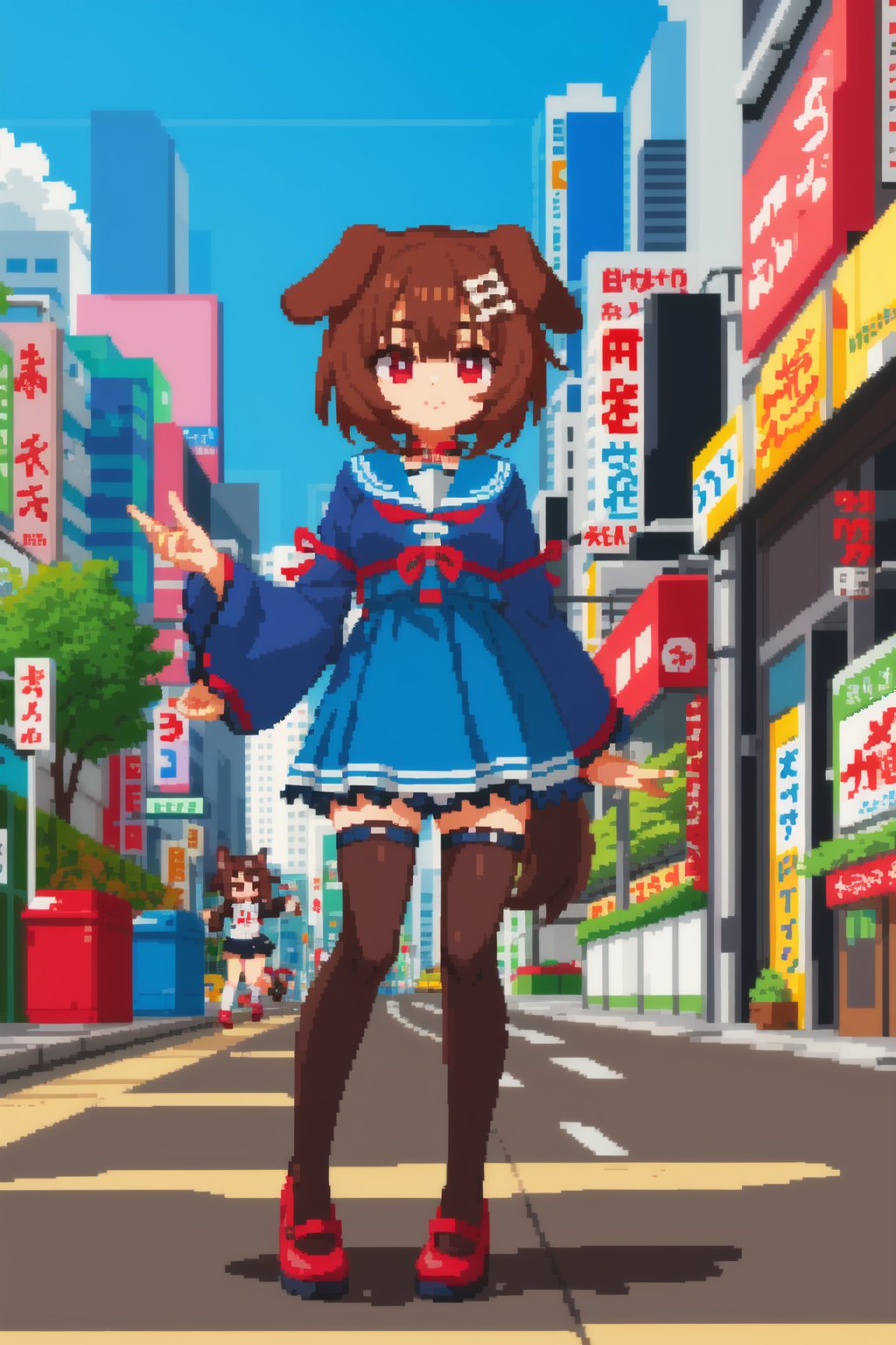 masterpice, best quality, pixel art, 1girl, Inugami Korone, brown hair, dog ears, virtual youtuber, akihabara street background, aduare style, fullbody, blue sky  <lora:Aduare Style:0.6>