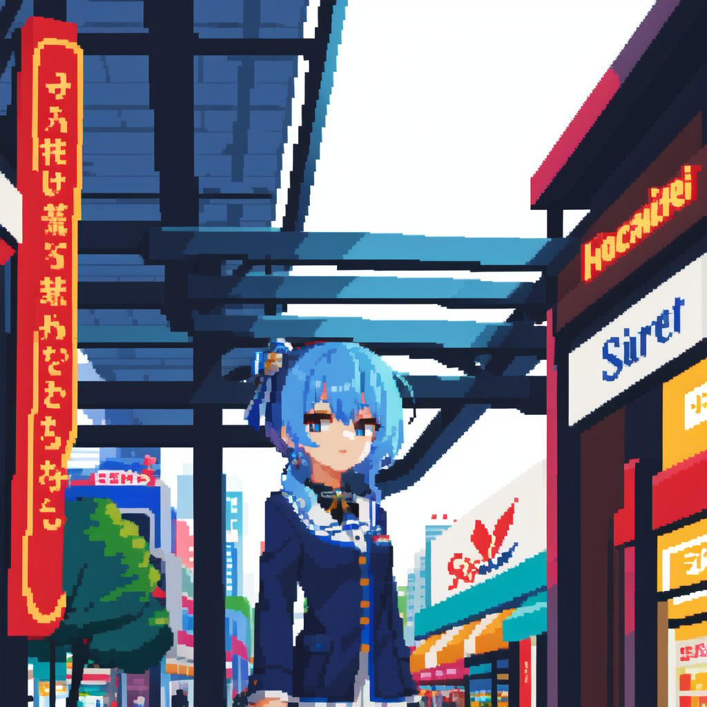 solo, 1girl, Hoshimachi Suisei, blue hair, virtual youtuber, mall background, aduare style, upperbody , pixel art   <lora:Aduare Style:0.6>