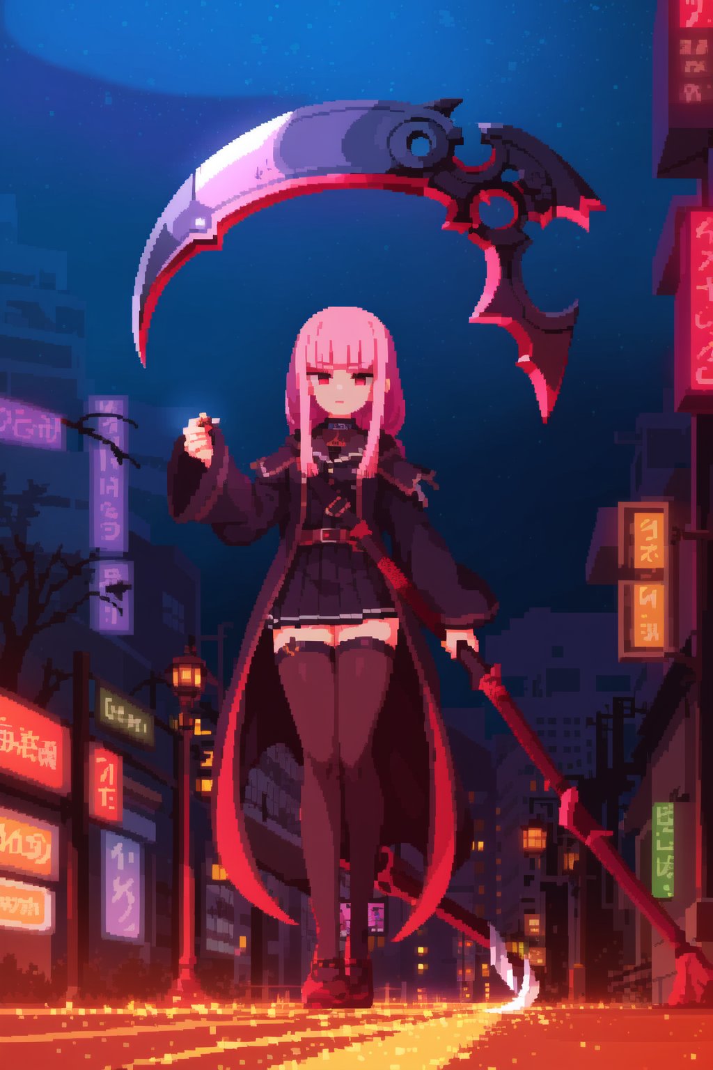 masterpice, best quality, pixel art, 1girl, Mori Calliope, virtual youtuber, night city background, aduare style, fullbody,   <lora:Aduare Style:0.6> holding scythe