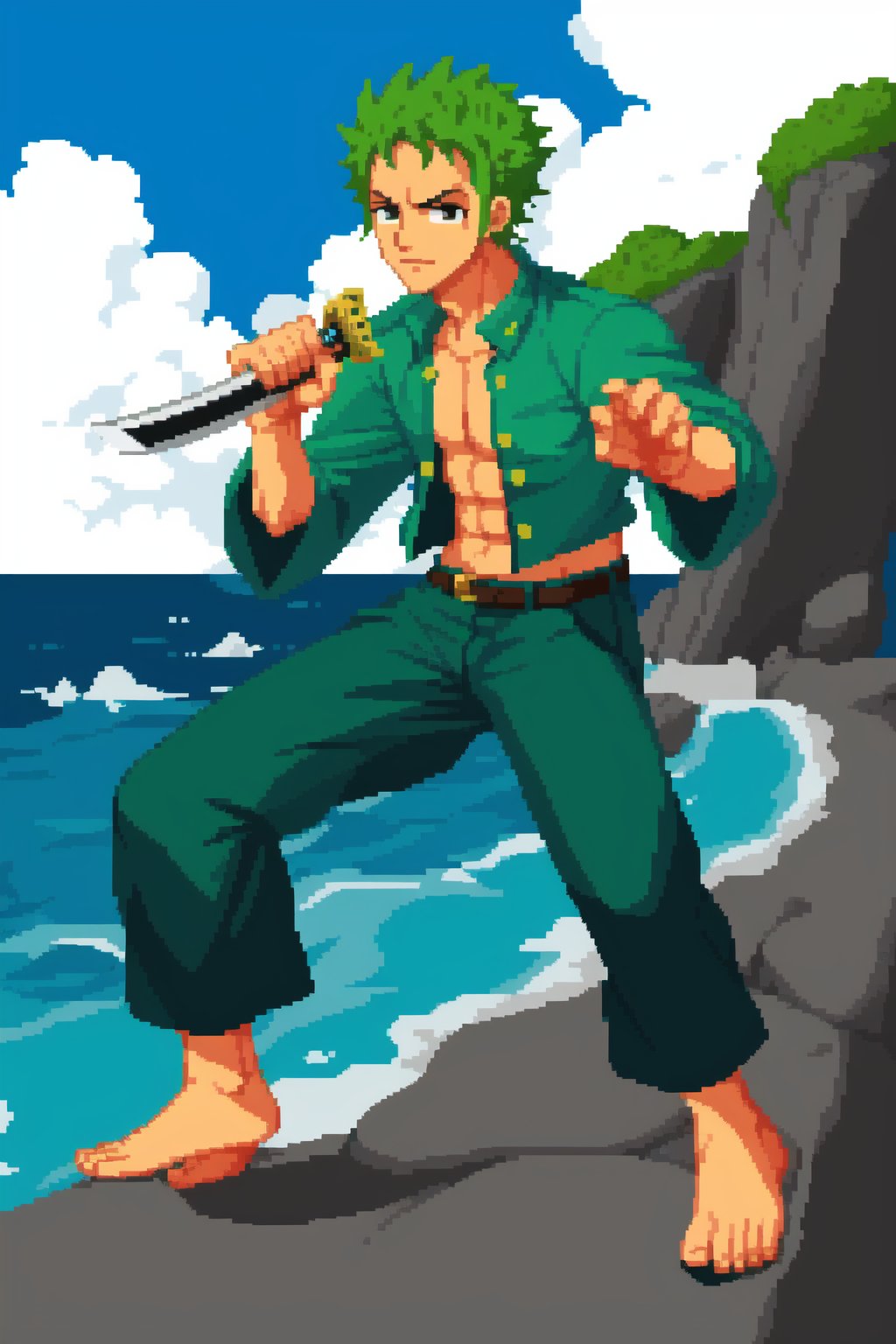 masterpice, best quality, pixel art, 1boy, roronoa zoro (one piece), sea town background, aduare style, fullbody,   <lora:Aduare Style:0.6> holding katana