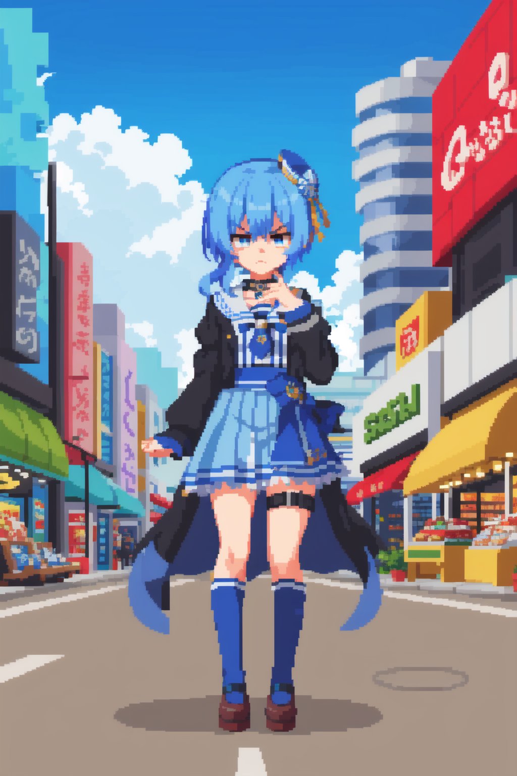 masterpice, best quality, pixel art, 1girl, Hoshimachi suisei, blue hair, virtual youtuber, mall street background, aduare style, fullbody, blue sky  <lora:Aduare Style:0.6> flat chest, angry, fit in frame