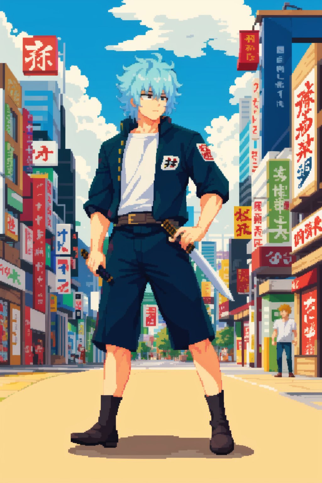 masterpice, best quality, pixel art, 1boy, Sakata Gintoki (Gintama), akihabara background, aduare style, fullbody,   <lora:Aduare Style:0.6> holding wooden sword