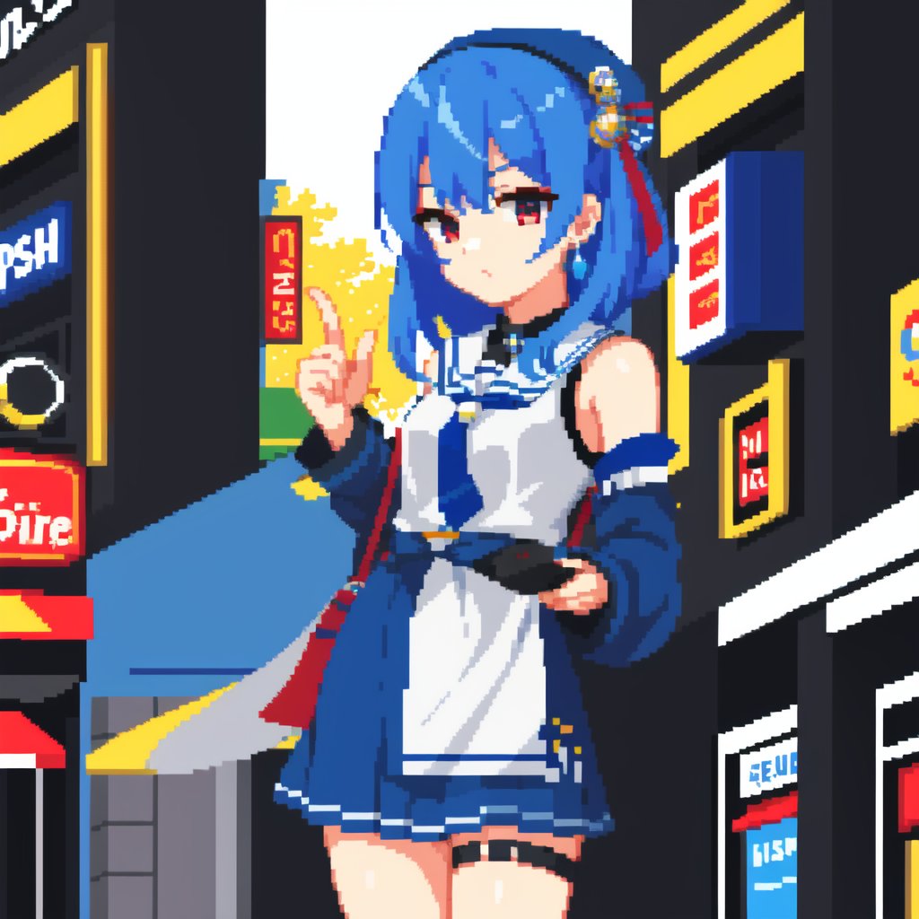 solo, 1girl, Hoshimachi Suisei, blue hair, virtual youtuber, mall background, aduare style, upperbody , pixel art   <lora:Aduare Style:0.6>