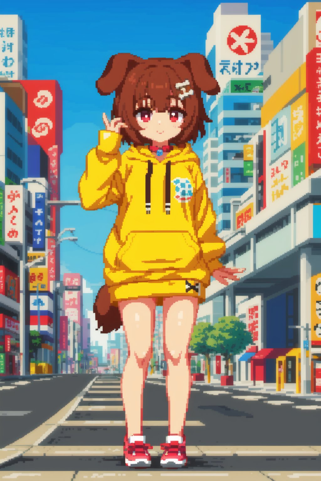 masterpice, best quality, pixel art, 1girl, Inugami Korone, yellow hoodie, brown hair, dog ears, virtual youtuber, akihabara street background, aduare style, fullbody, blue sky  <lora:Aduare Style:0.6>