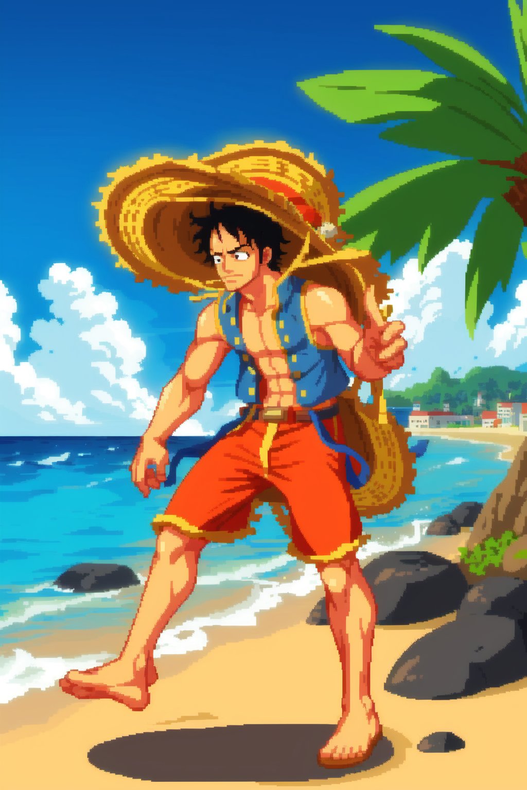 masterpice, best quality, pixel art, 1boy, Luffy (one piece), sea town background, aduare style, fullbody,   <lora:Aduare Style:0.6> 