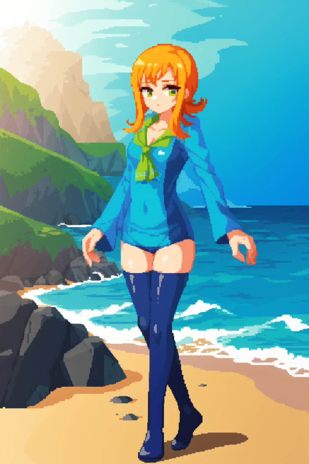 masterpice, best quality, pixel art, 1girl, Nami (onepiece), sea town background, aduare style, fullbody,   <lora:Aduare Style:0.6>