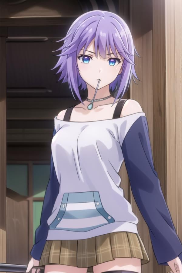 mizoreshirayuki, <lora:mizore shirayuki s2-lora-nochekaiser:1>,mizore shirayuki, short hair, blue eyes, purple hair, candy, lollipop, (swept bangs:1.5),BREAK skirt, thighhighs, striped, plaid, thigh strap, striped thighhighs, bare shoulders, raglan sleeves, collar bone, off shoulder, jacket, white jacket, necklace,BREAK indoors, classroom,BREAK looking at viewer, (cowboy shot:1.5),BREAK <lyco:GoodHands-beta2:1>, (masterpiece:1.2), best quality, high resolution, unity 8k wallpaper, (illustration:0.8), (beautiful detailed eyes:1.6), extremely detailed face, perfect lighting, extremely detailed CG, (perfect hands, perfect anatomy),