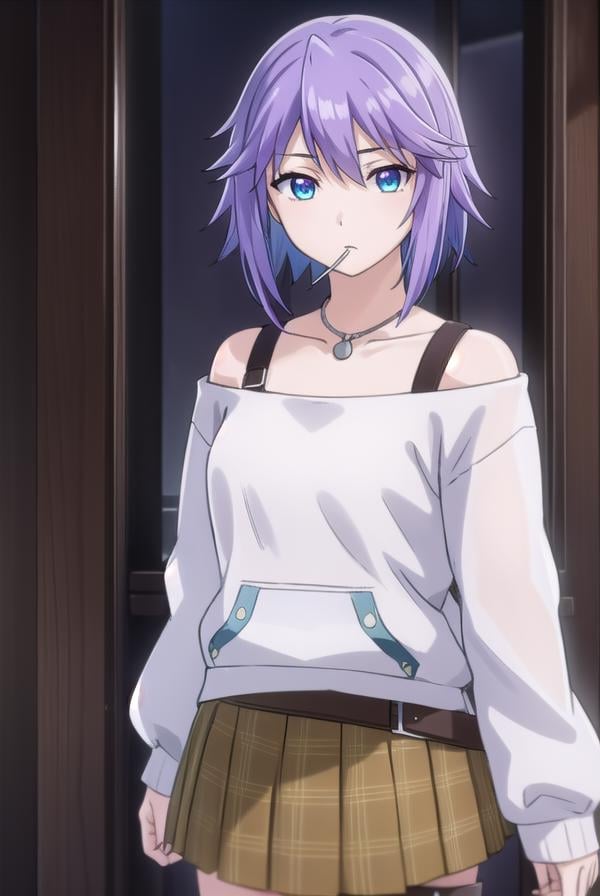 mizoreshirayuki, <lora:mizore shirayuki s2-lora-nochekaiser:1>,mizore shirayuki, short hair, blue eyes, purple hair, candy, lollipop, (swept bangs:1.5),BREAK skirt, thighhighs, striped, plaid, thigh strap, striped thighhighs, bare shoulders, raglan sleeves, collar bone, off shoulder, jacket, white jacket, necklace,BREAK indoors, classroom,BREAK looking at viewer, (cowboy shot:1.5),BREAK <lyco:GoodHands-beta2:1>, (masterpiece:1.2), best quality, high resolution, unity 8k wallpaper, (illustration:0.8), (beautiful detailed eyes:1.6), extremely detailed face, perfect lighting, extremely detailed CG, (perfect hands, perfect anatomy),