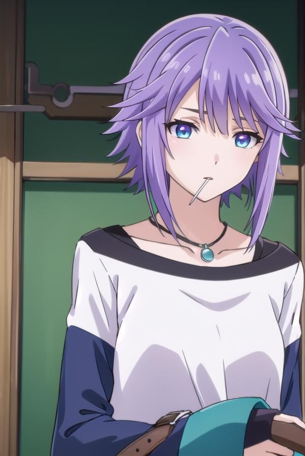 mizoreshirayuki, <lora:mizore shirayuki s2-lora-nochekaiser:1>,mizore shirayuki, short hair, blue eyes, purple hair, candy, lollipop, (swept bangs:1.5),BREAK skirt, thighhighs, striped, plaid, thigh strap, striped thighhighs, bare shoulders, raglan sleeves, collar bone, off shoulder, jacket, white jacket, necklace,BREAK indoors, classroom,BREAK looking at viewer, (cowboy shot:1.5),BREAK <lyco:GoodHands-beta2:1>, (masterpiece:1.2), best quality, high resolution, unity 8k wallpaper, (illustration:0.8), (beautiful detailed eyes:1.6), extremely detailed face, perfect lighting, extremely detailed CG, (perfect hands, perfect anatomy),