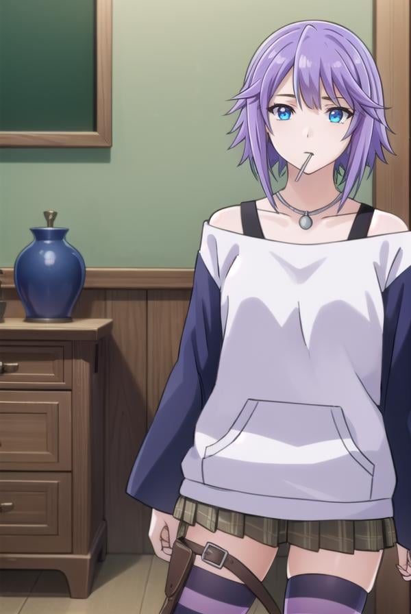 mizoreshirayuki, <lora:mizore shirayuki s2-lora-nochekaiser:1>,mizore shirayuki, short hair, blue eyes, purple hair, candy, lollipop, (swept bangs:1.5),BREAK skirt, thighhighs, striped, plaid, thigh strap, striped thighhighs, bare shoulders, raglan sleeves, collar bone, off shoulder, jacket, white jacket, necklace,BREAK indoors, classroom,BREAK looking at viewer, (cowboy shot:1.5),BREAK <lyco:GoodHands-beta2:1>, (masterpiece:1.2), best quality, high resolution, unity 8k wallpaper, (illustration:0.8), (beautiful detailed eyes:1.6), extremely detailed face, perfect lighting, extremely detailed CG, (perfect hands, perfect anatomy),