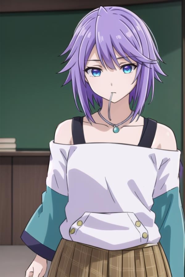 mizoreshirayuki, <lora:mizore shirayuki s2-lora-nochekaiser:1>,mizore shirayuki, short hair, blue eyes, purple hair, candy, lollipop, (swept bangs:1.5),BREAK skirt, thighhighs, striped, plaid, thigh strap, striped thighhighs, bare shoulders, raglan sleeves, collar bone, off shoulder, jacket, white jacket, necklace,BREAK indoors, classroom,BREAK looking at viewer, (cowboy shot:1.5),BREAK <lyco:GoodHands-beta2:1>, (masterpiece:1.2), best quality, high resolution, unity 8k wallpaper, (illustration:0.8), (beautiful detailed eyes:1.6), extremely detailed face, perfect lighting, extremely detailed CG, (perfect hands, perfect anatomy),